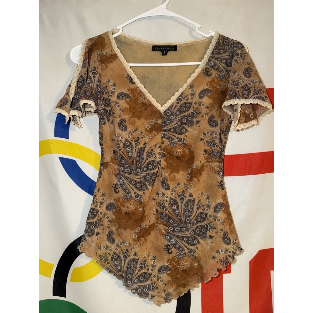 Vintage Y2K Weston Wear Top Womens Small Tan Paisley Stretch V Neck Lace